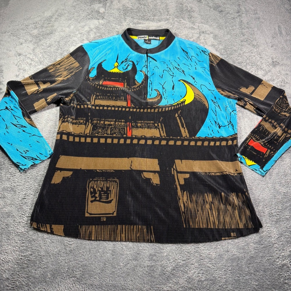 Jamie Sadock XL Pleated Pagoda Graphic Top Blue Black Long Sleeve Quarter Zip
